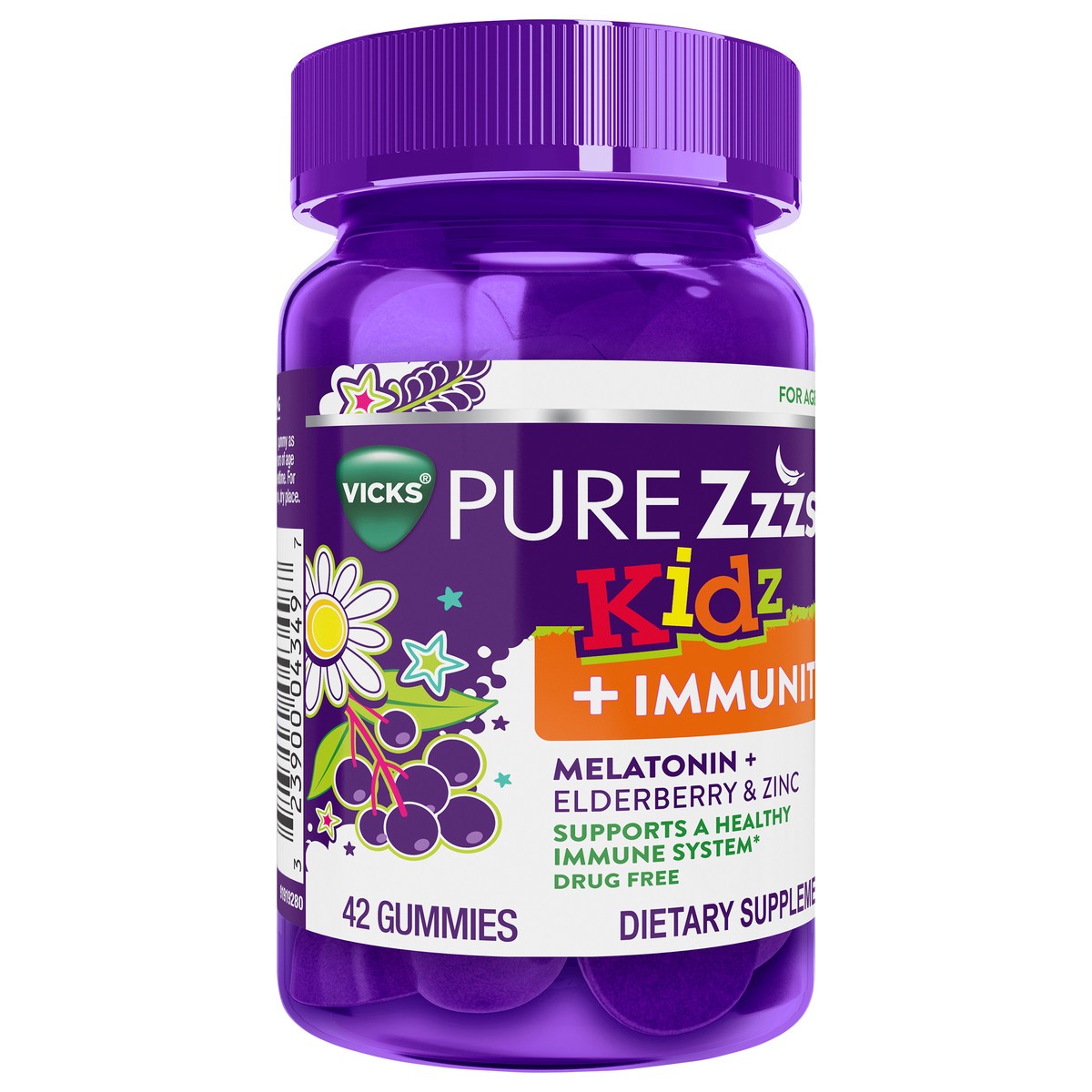 slide 4 of 10, VICKS PURE Zzzs Kidz + Immunity, Melatonin Sleep Aid Gummies for Kids and Children, Zinc for Immune Support, Low Dose Melatonin, Berry Flavored, 42 Gummies, 1 ct