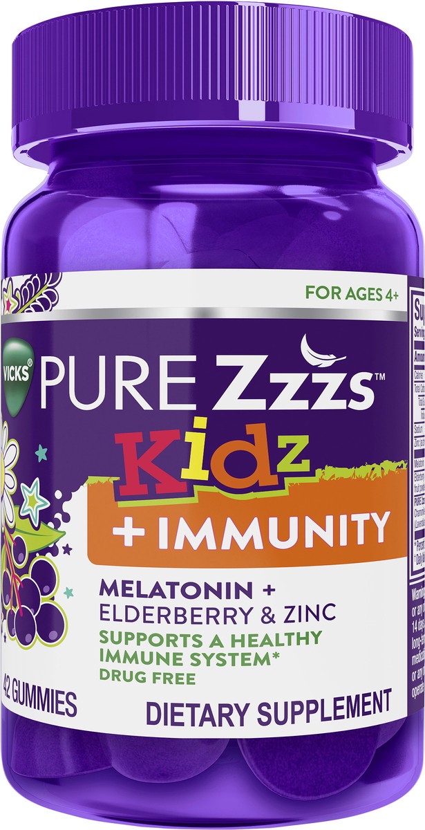 slide 9 of 10, VICKS PURE Zzzs Kidz + Immunity, Melatonin Sleep Aid Gummies for Kids and Children, Zinc for Immune Support, Low Dose Melatonin, Berry Flavored, 42 Gummies, 1 ct