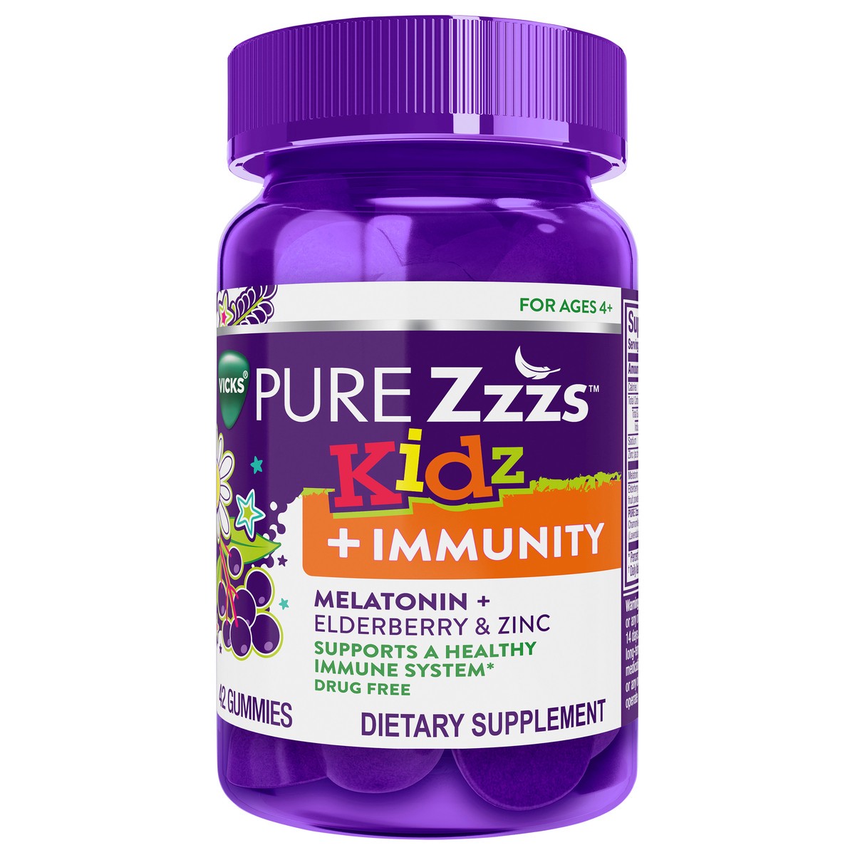 slide 7 of 10, VICKS PURE Zzzs Kidz + Immunity, Melatonin Sleep Aid Gummies for Kids and Children, Zinc for Immune Support, Low Dose Melatonin, Berry Flavored, 42 Gummies, 1 ct