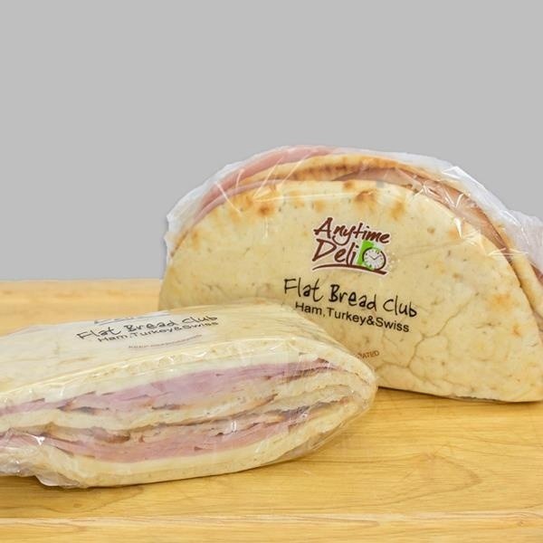 slide 1 of 1, Anytime Deli Flat Bread Ham, Turkey & Swiss Club Sandwich, 10 oz