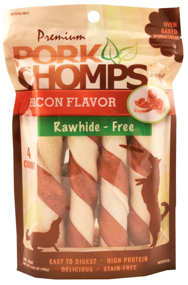 slide 1 of 4, Pork Chomps Premium Bacon Flavor Rawhide-Free Twist Dog Treats, 4 ct