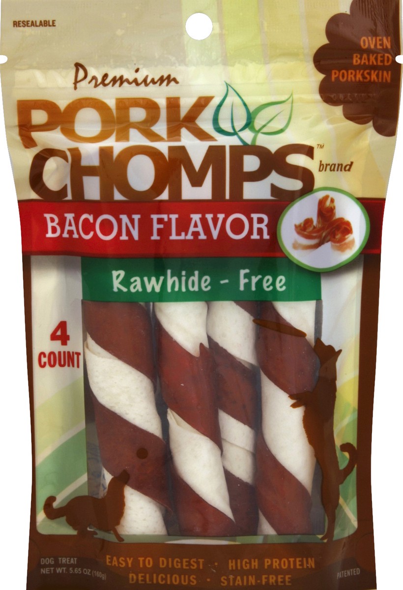 slide 2 of 4, Pork Chomps Premium Bacon Flavor Rawhide-Free Twist Dog Treats, 4 ct