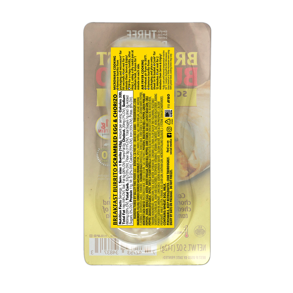 slide 2 of 2, Three Bridges Scrambled Egg & Chorizo Breakfast Burrito, 5 oz