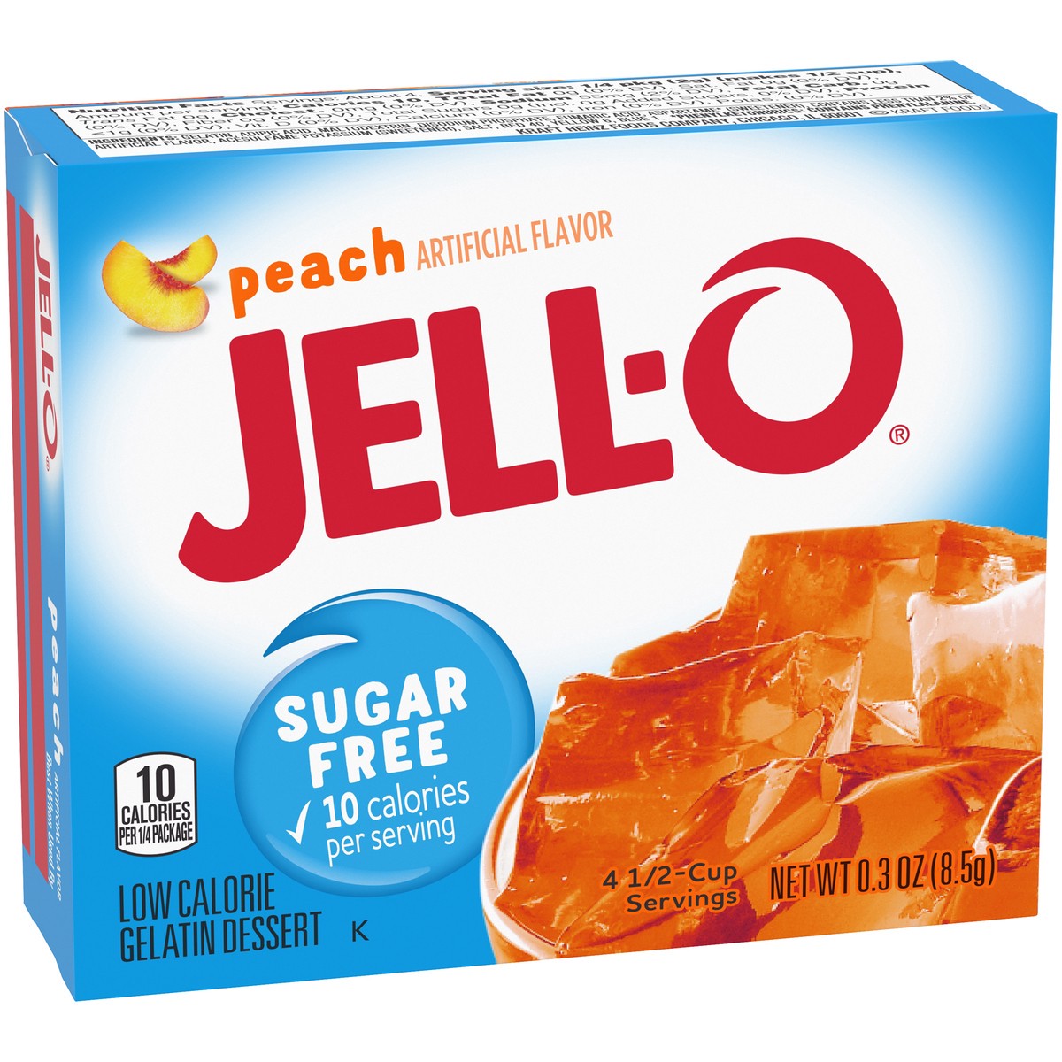 slide 3 of 9, Jell-O Peach Sugar Free Gelatin Dessert Mix, 0.3 oz Box, 0.3 oz