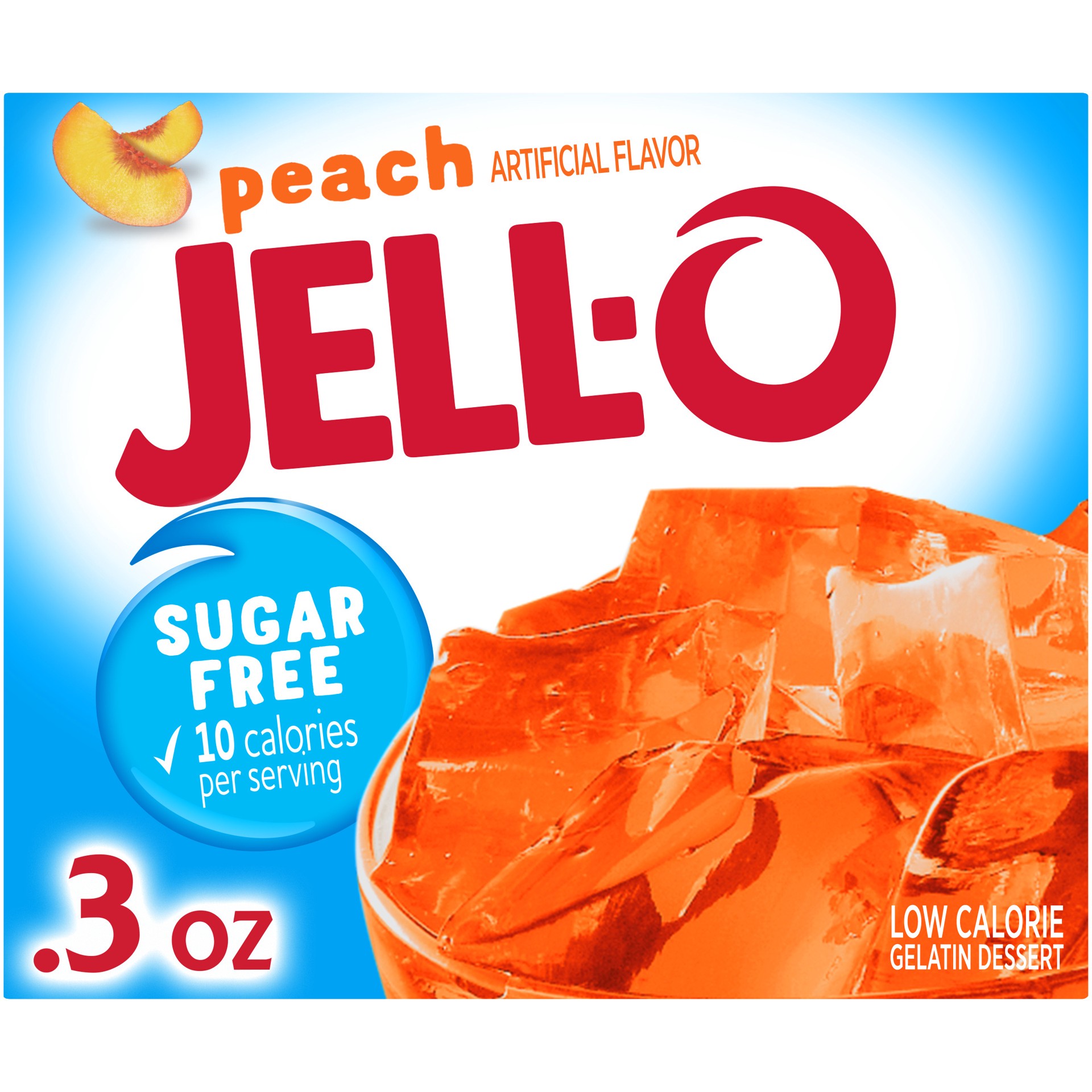 slide 1 of 9, Jell-O Peach Sugar Free Gelatin Dessert Mix, 0.3 oz Box, 0.3 oz