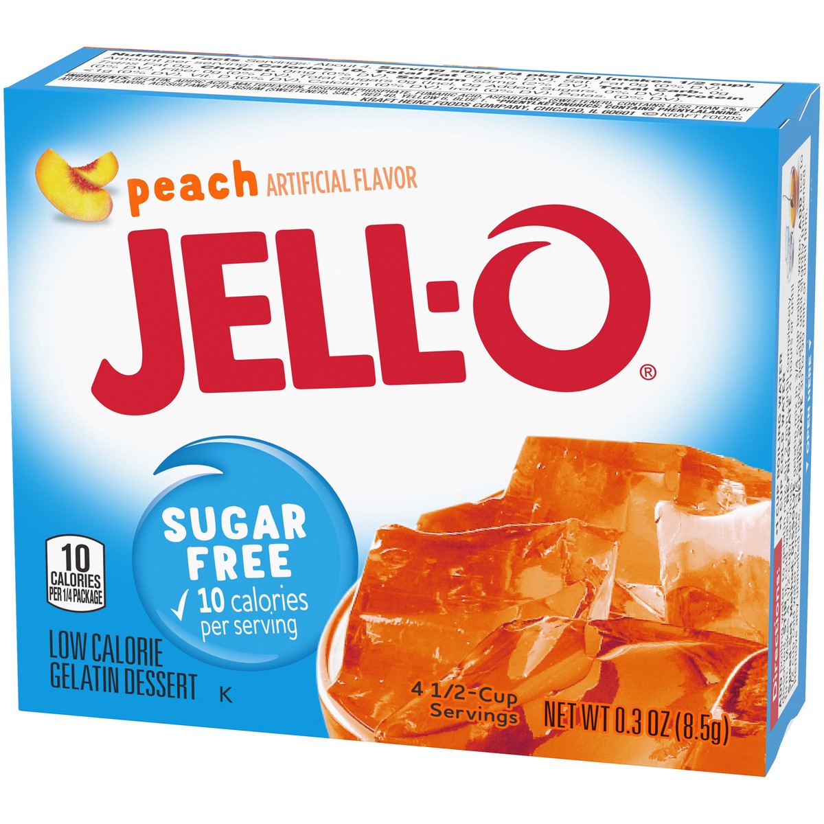 slide 4 of 9, Jell-O Peach Sugar Free Gelatin Dessert Mix, 0.3 oz Box, 0.3 oz