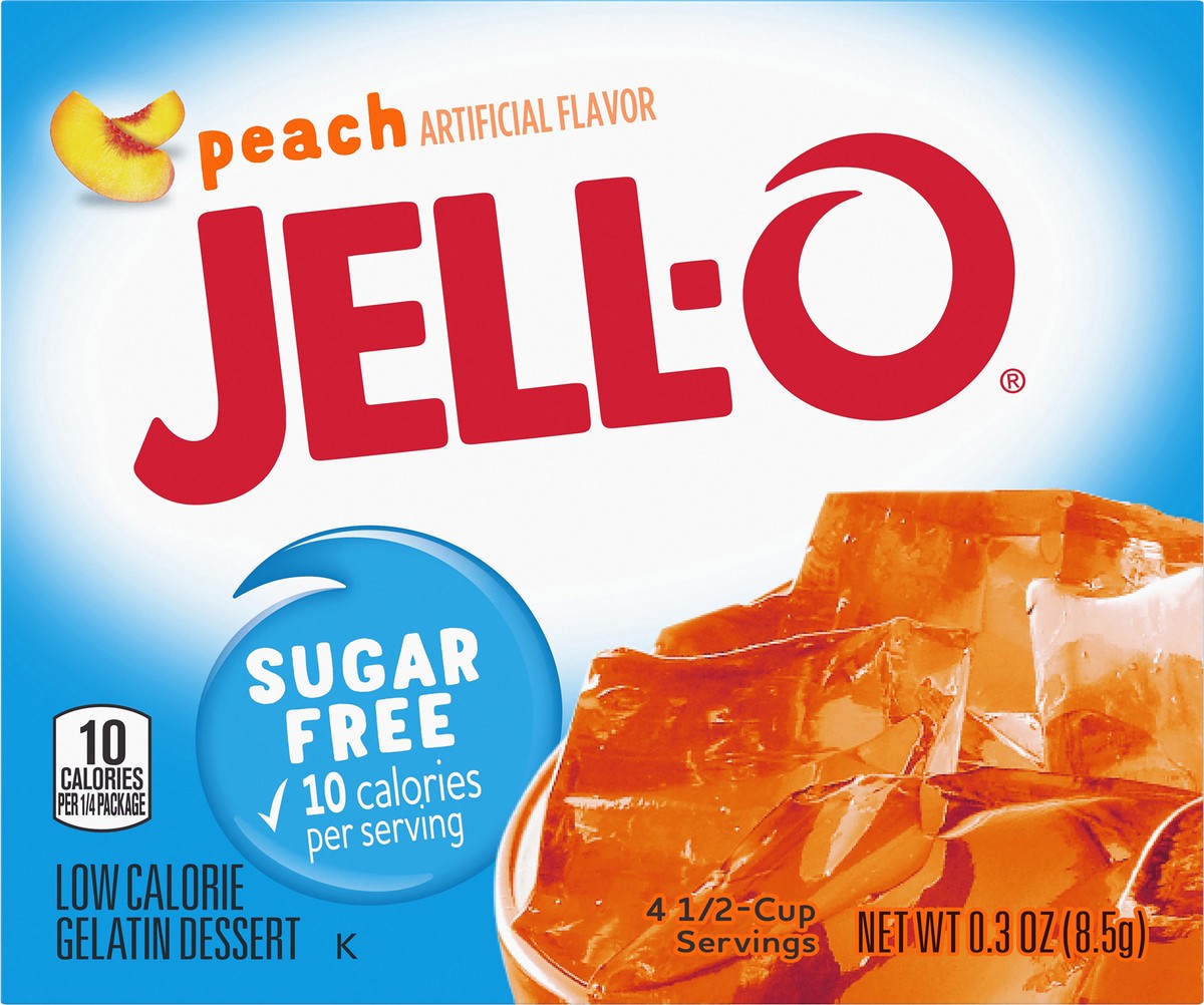 slide 9 of 9, Jell-O Peach Sugar Free Gelatin Dessert Mix, 0.3 oz Box, 0.3 oz