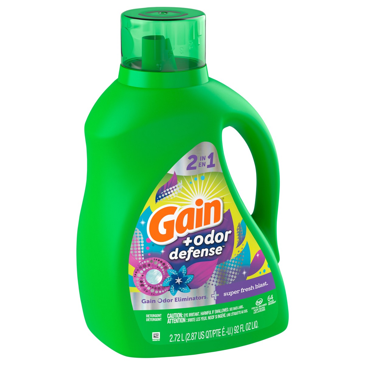 slide 2 of 4, Gain + Odor Defense Liquid Laundry Detergent, Super Fresh Blast Scent, 92 Oz, 64 Loads, HE Compatible, 92 fl oz