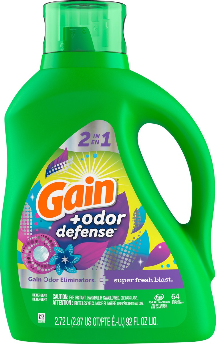 slide 4 of 4, Gain + Odor Defense Liquid Laundry Detergent, Super Fresh Blast Scent, 92 Oz, 64 Loads, HE Compatible, 92 fl oz