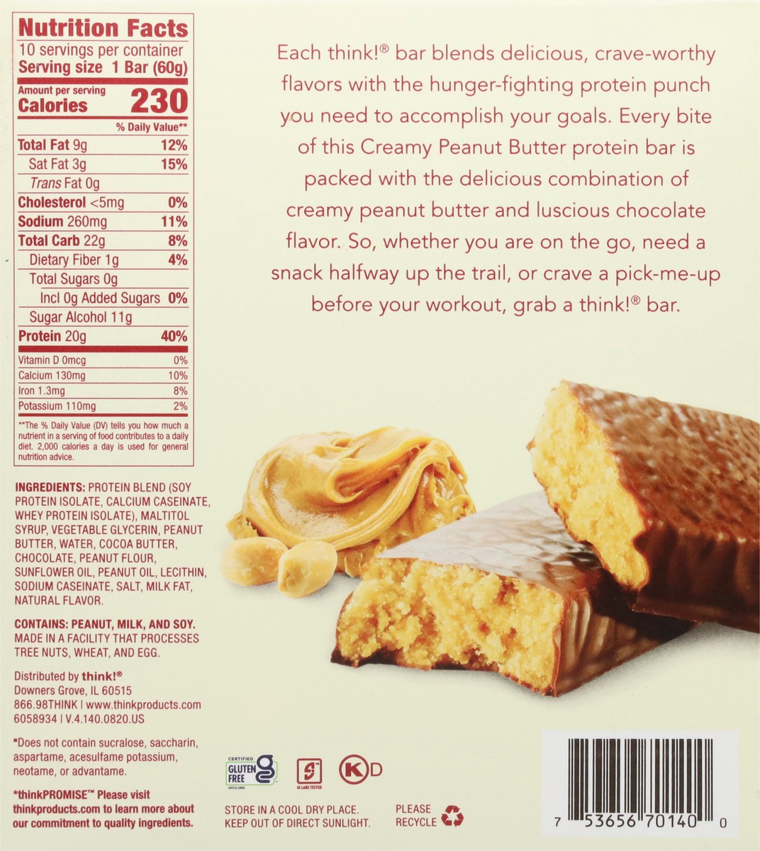 slide 6 of 12, think! Creamy Peanut Butter High Protein Bars 10 - 2.1 oz Bars, 10 ct