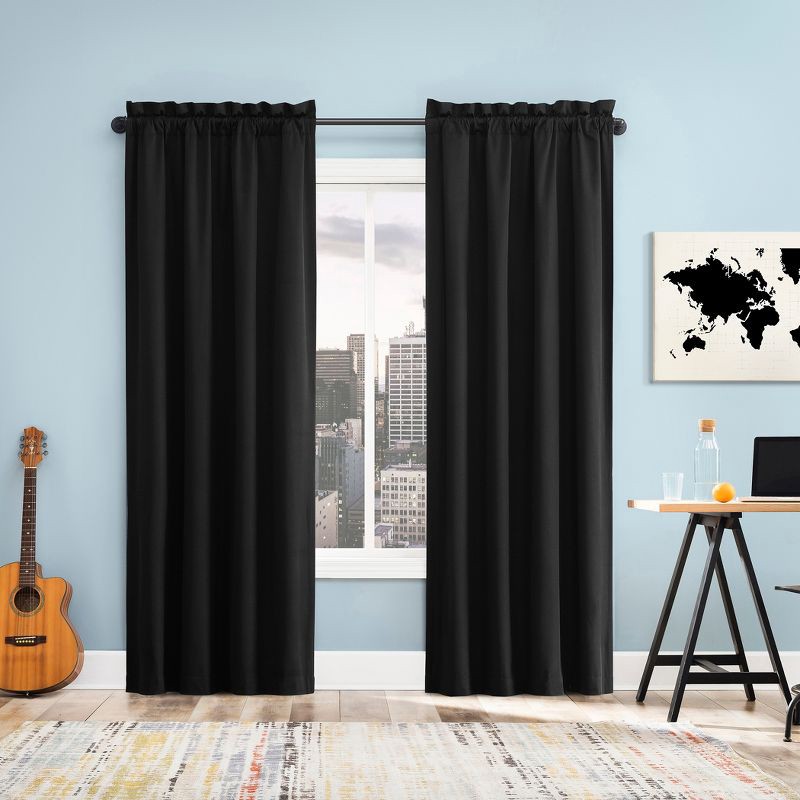 slide 5 of 7, 40"x84" Sun Zero Doucet Thermal Blackout Rod Pocket Curtain Panel Black: Energy Efficient, Noise Reduction, Indoor Use, 1 ct
