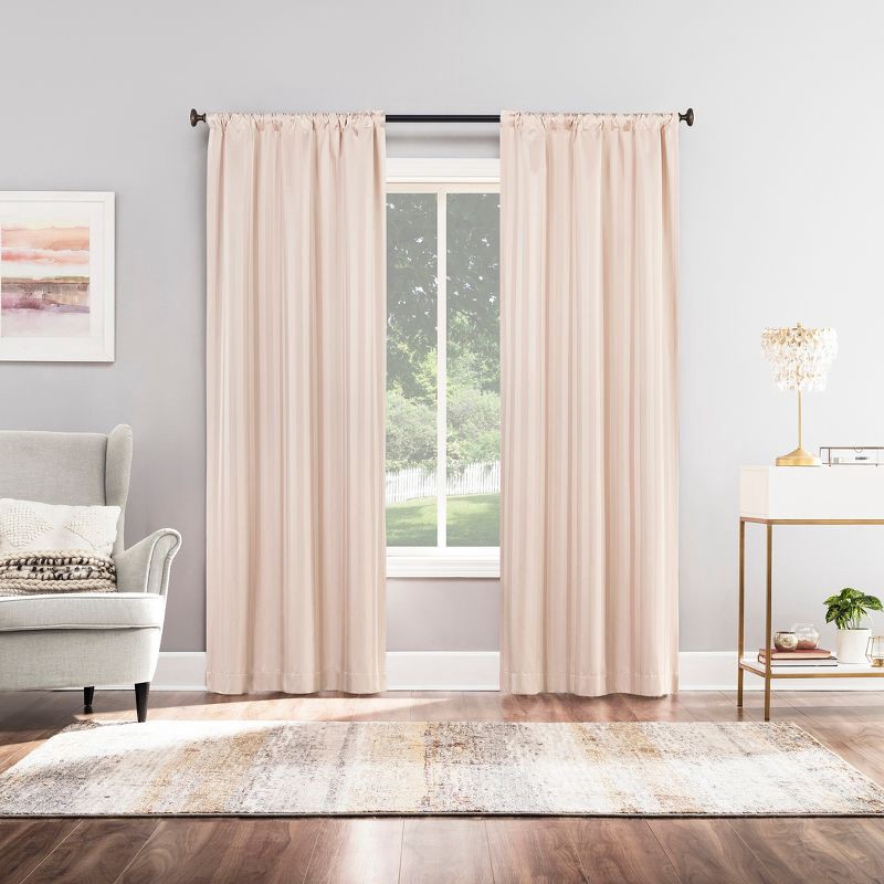 slide 6 of 8, 2pc 37"x84" Sun Zero Dimani Satin Striped 100% Blackout Rod Pocket Curtain Panel Pair Blush: Energy Efficient, Noise Reduction, 2 ct