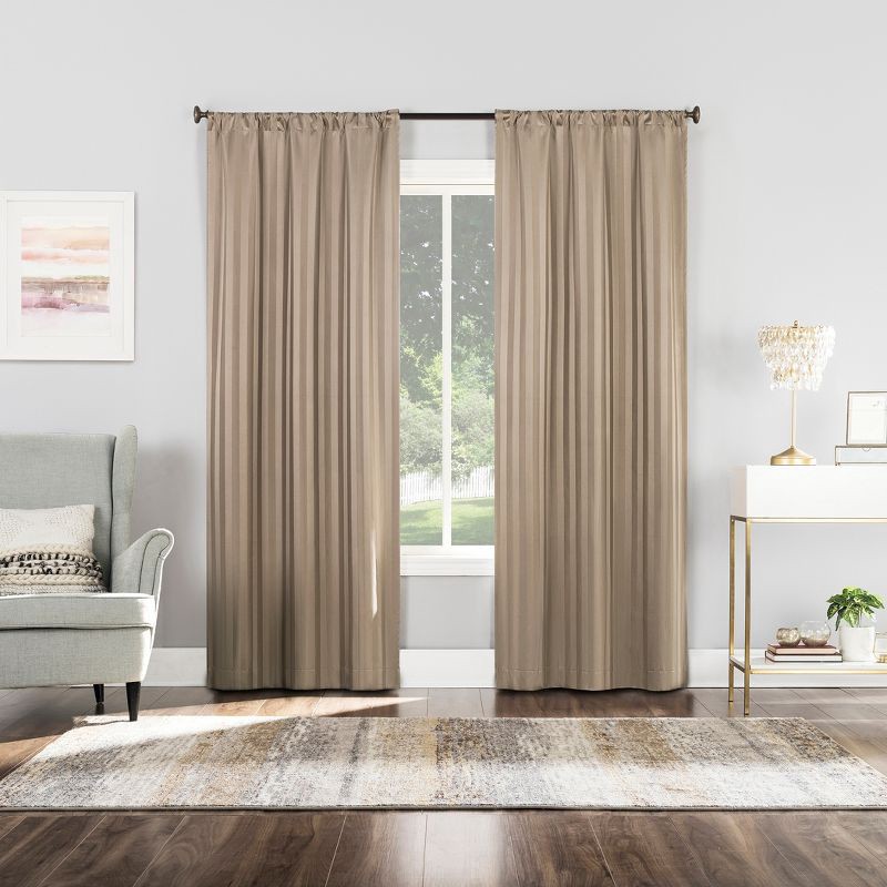 slide 6 of 8, 2pc 37"x84" Sun Zero Dimani Satin Striped 100% Blackout Rod Pocket Curtain Panel Pair Taupe: Energy Efficient, Noise Reduction, 2 ct