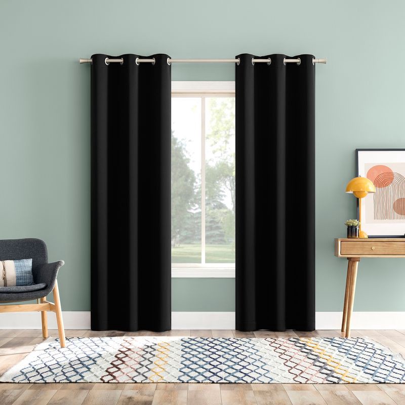 slide 6 of 8, 2pc 37"x84" Sun Zero Tedrow 100% Blackout Grommet Curtain Panel Pair Black: Modern Thermal Insulated, Noise Reduction, 2 ct
