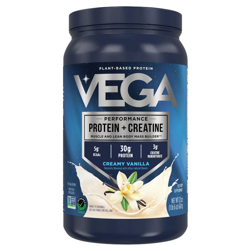 slide 1 of 4, Vega Performance Protein + Creatine Plant Based Vegan Powder - Vanilla - 22oz, 22 oz