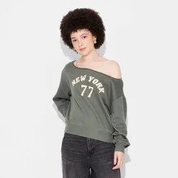 Doe. Women's Off the Shoulder NYC Graphic Sweatshirt - Olive Green XXS