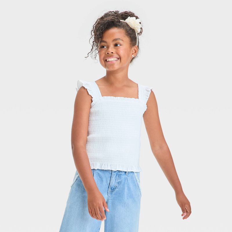 slide 1 of 3, Girls' Smocked Flutter Sleeve Top - Cat & Jack™ White S, 1 ct