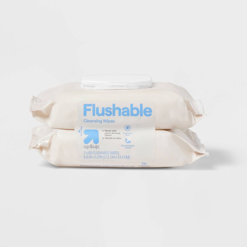 slide 4 of 4, Cleansing Flushable Cloths - Fragrance Free - 120ct/2pk - up&up™, 60 ct, 2 ct