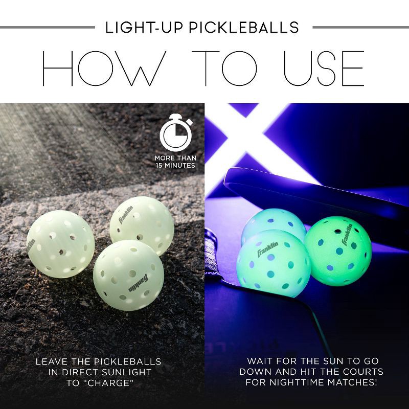 slide 5 of 8, Franklin Sports Glow in the Dark Pickleballs - 3pk: Polyester Shell, All Ages, 3 ct