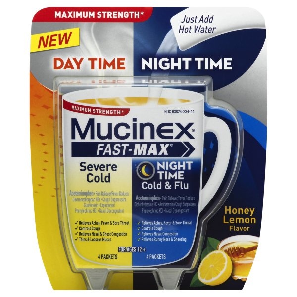 slide 1 of 1, Mucinex Severe Cold/Night Time Cold & Flu, Maximum Strength, Packets, Honey Lemon Flavor, 6 oz