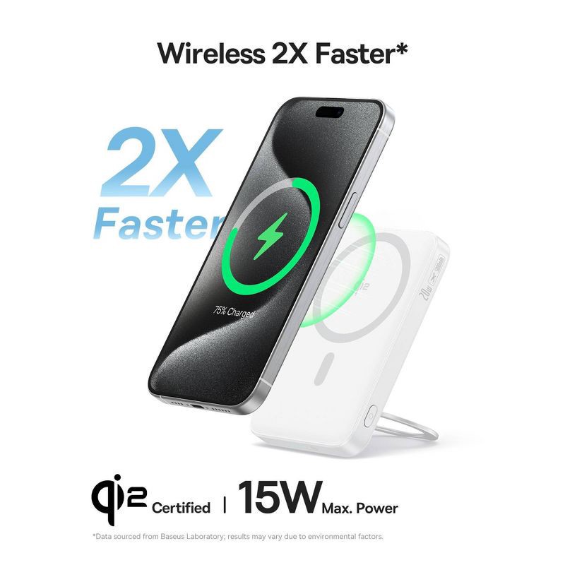 slide 2 of 9, Baseus PicoGo 5000mAh Qi2 Slim Magnetic Bracket Wireless Power Bank - White: 20W Output, Rechargeable, 1 ct