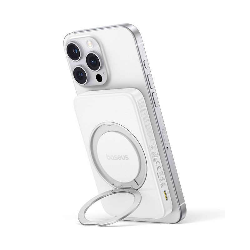 slide 8 of 9, Baseus PicoGo 5000mAh Qi2 Slim Magnetic Bracket Wireless Power Bank - White: 20W Output, Rechargeable, 1 ct