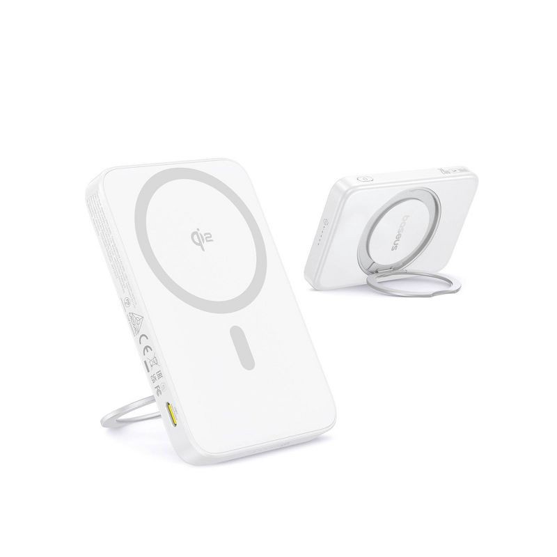slide 9 of 9, Baseus PicoGo 5000mAh Qi2 Slim Magnetic Bracket Wireless Power Bank - White: 20W Output, Rechargeable, 1 ct