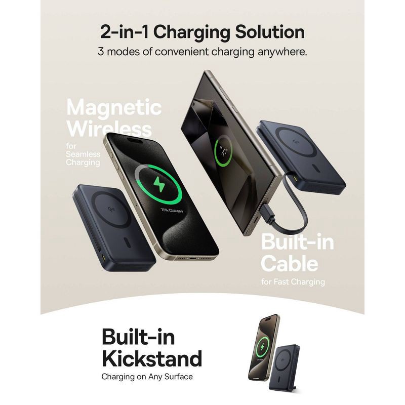 slide 5 of 10, Baseus Nomos Qi2 45W 10000mAh Magnetic Power Bank with Built-In USB-C Cable - Black: Rechargeable Power Bank, Dual Charging, 1 ct