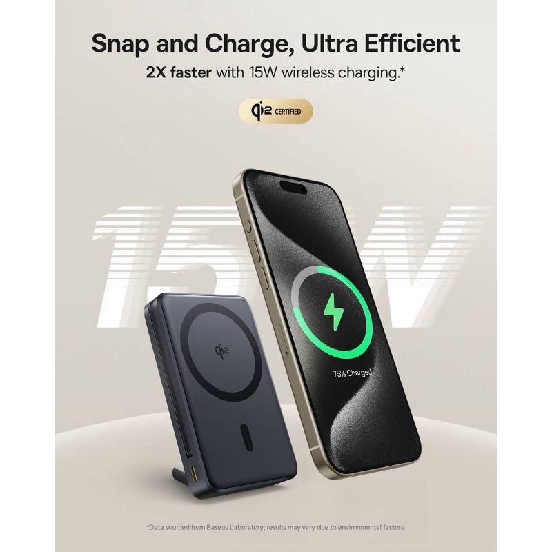 slide 6 of 10, Baseus Nomos Qi2 45W 10000mAh Magnetic Power Bank with Built-In USB-C Cable - Black: Rechargeable Power Bank, Dual Charging, 1 ct