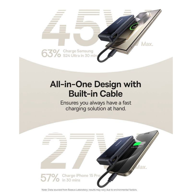slide 7 of 10, Baseus Nomos Qi2 45W 10000mAh Magnetic Power Bank with Built-In USB-C Cable - Black: Rechargeable Power Bank, Dual Charging, 1 ct