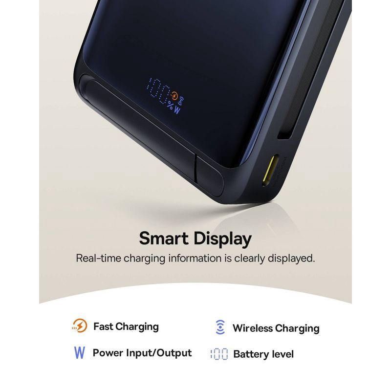 slide 8 of 10, Baseus Nomos Qi2 45W 10000mAh Magnetic Power Bank with Built-In USB-C Cable - Black: Rechargeable Power Bank, Dual Charging, 1 ct