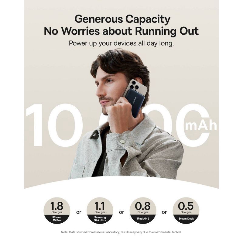 slide 10 of 10, Baseus Nomos Qi2 45W 10000mAh Magnetic Power Bank with Built-In USB-C Cable - Black: Rechargeable Power Bank, Dual Charging, 1 ct