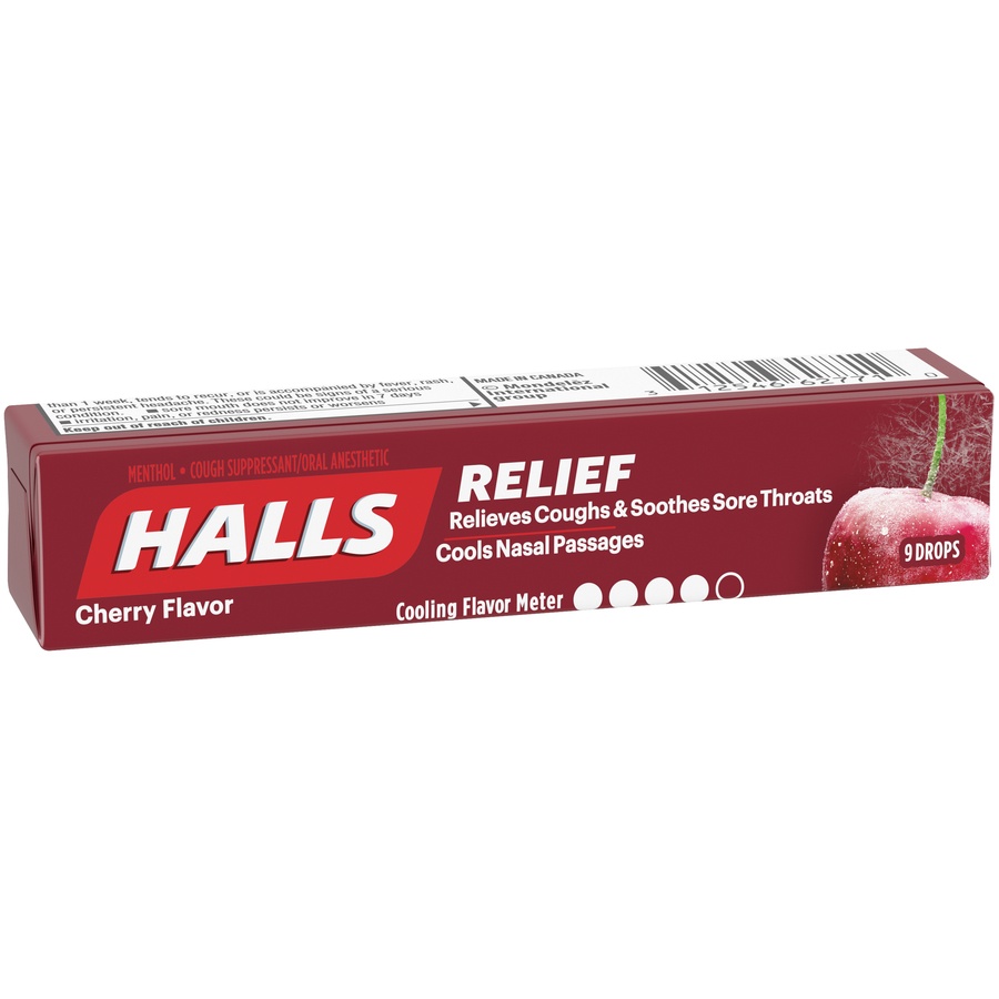 slide 3 of 6, HALLS Relief Cherry Cough Drops, 9 Drops, 0.07 lb