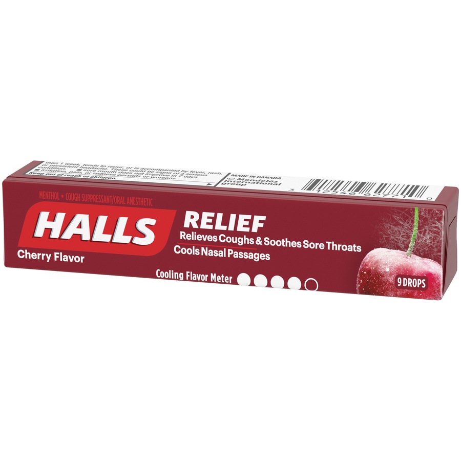 slide 4 of 6, HALLS Relief Cherry Cough Drops, 9 Drops, 0.07 lb