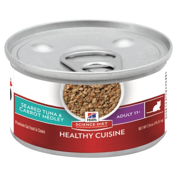 slide 1 of 1, Science Diet Cat Food, Premium, in Sauce, Seared Tuna & Carrot Medley, Adult 11+, 2.9 oz