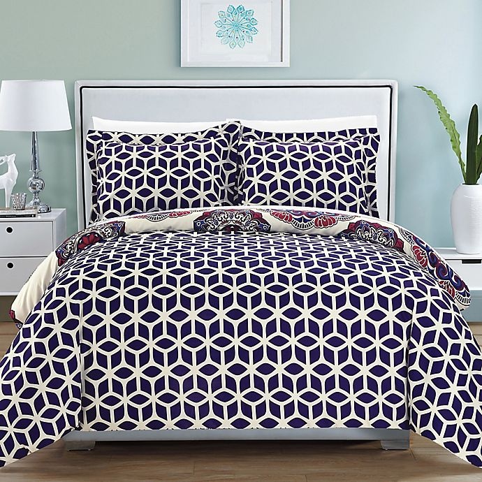 slide 2 of 3, Chic Home Majorca Reversible King Duvet Cover Set - Navy, 3 ct