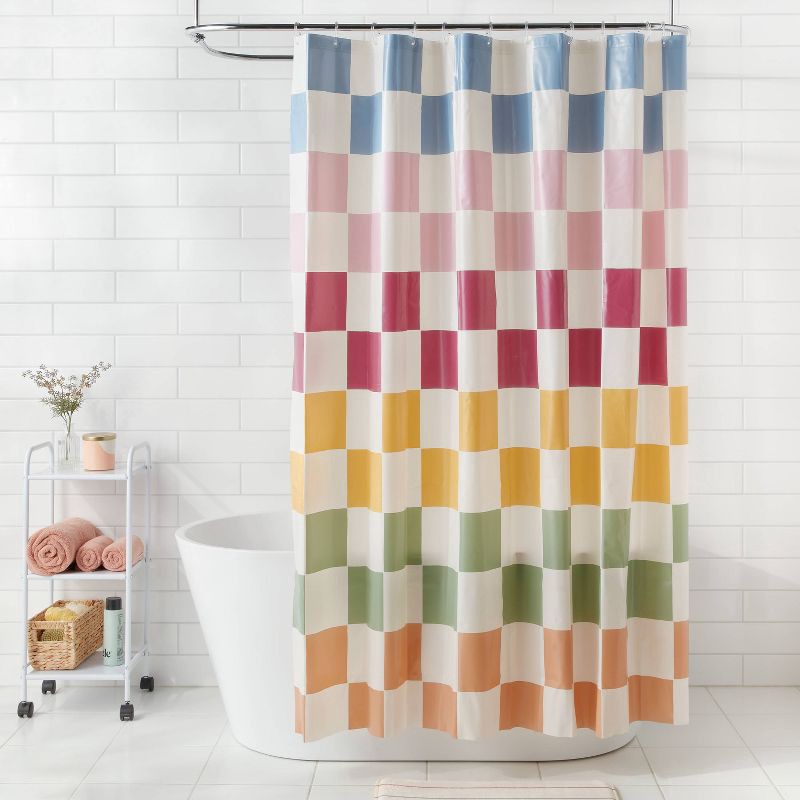 slide 2 of 3, 13pc PEVA Checkerboard Shower Curtain and Rings Ivory - Room Essentials™, 13 ct