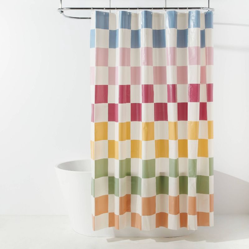 slide 1 of 3, 13pc PEVA Checkerboard Shower Curtain and Rings Ivory - Room Essentials™, 13 ct