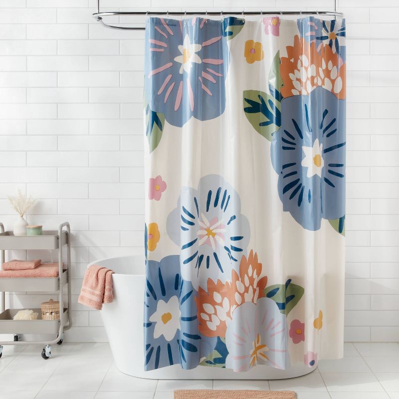 slide 2 of 3, 13pc PEVA Floral Blooms Shower Curtain and Rings Set Blue - Room Essentials™, 13 ct