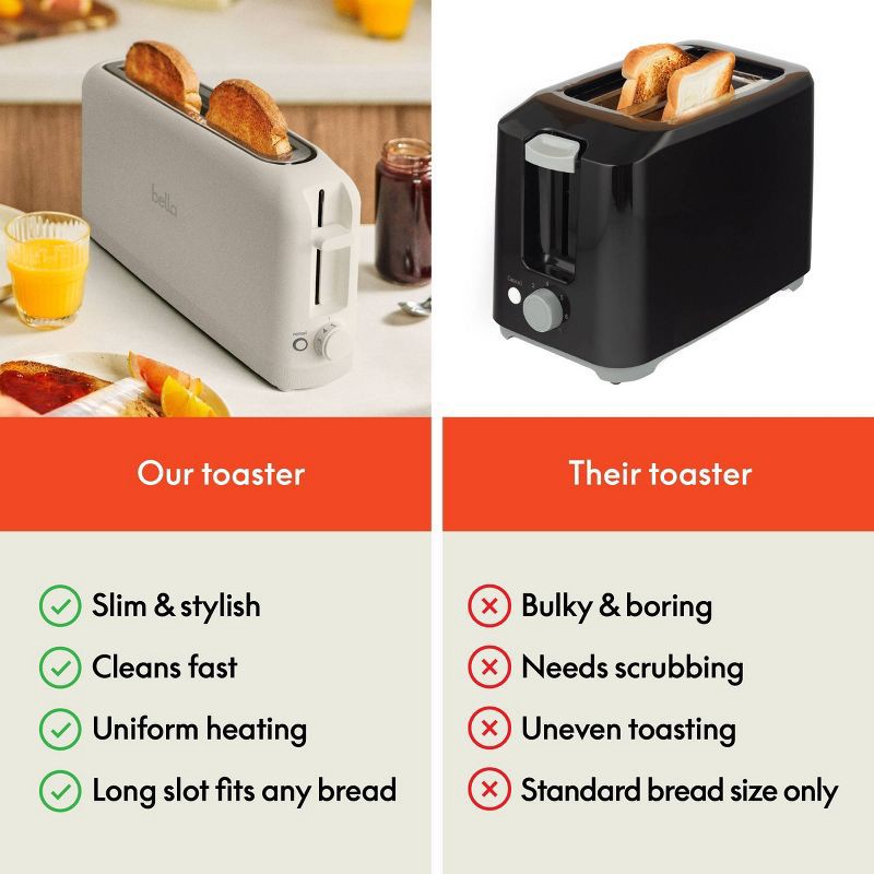 slide 8 of 9, bella Housewares bella 2-Slice Slim Toaster Oatmilk: Metal, 900W, Compact Beige Design, 2-Year Warranty, Spot Clean, 14.88" Width, 1 ct