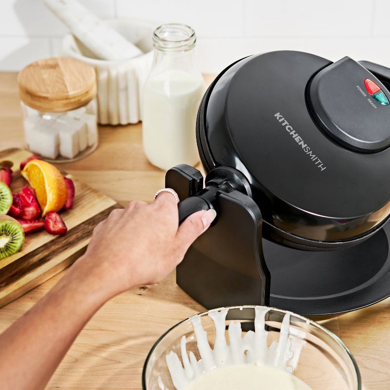 slide 5 of 10, KitchenSmith Nonstick Waffle Maker Black: Aluminum, 180° Rotating, Folding Handle, Drip Tray, 1000W, 1 ct