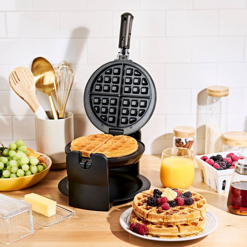 slide 9 of 10, KitchenSmith Nonstick Waffle Maker Black: Aluminum, 180° Rotating, Folding Handle, Drip Tray, 1000W, 1 ct