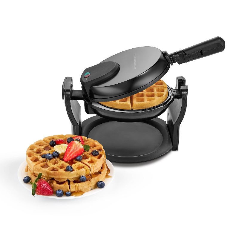 slide 1 of 10, KitchenSmith Nonstick Waffle Maker Black: Aluminum, 180° Rotating, Folding Handle, Drip Tray, 1000W, 1 ct