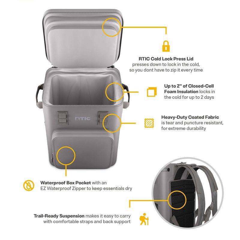 slide 3 of 7, RTIC Outdoors 24 Can Ultra-Tough Backpack Cooler - Gray: Vinyl Liner, Holds 24 Cans, 24 can, 24 cans