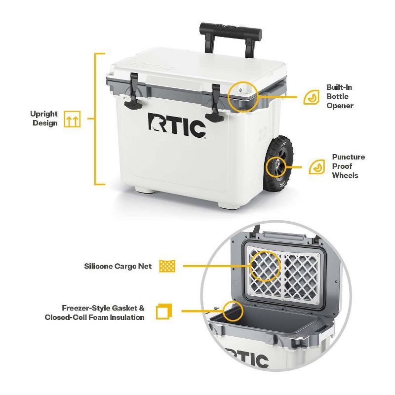 slide 3 of 6, RTIC Outdoors 22qt Ultra Light Wheeled Hard Sided Cooler - White: Polypropylene Construction, 22 qt