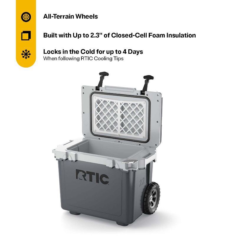slide 2 of 7, RTIC Outdoors 22qt Ultra Light Wheeled Hard Sided Cooler - Gray: Polypropylene Liner, 22 qt