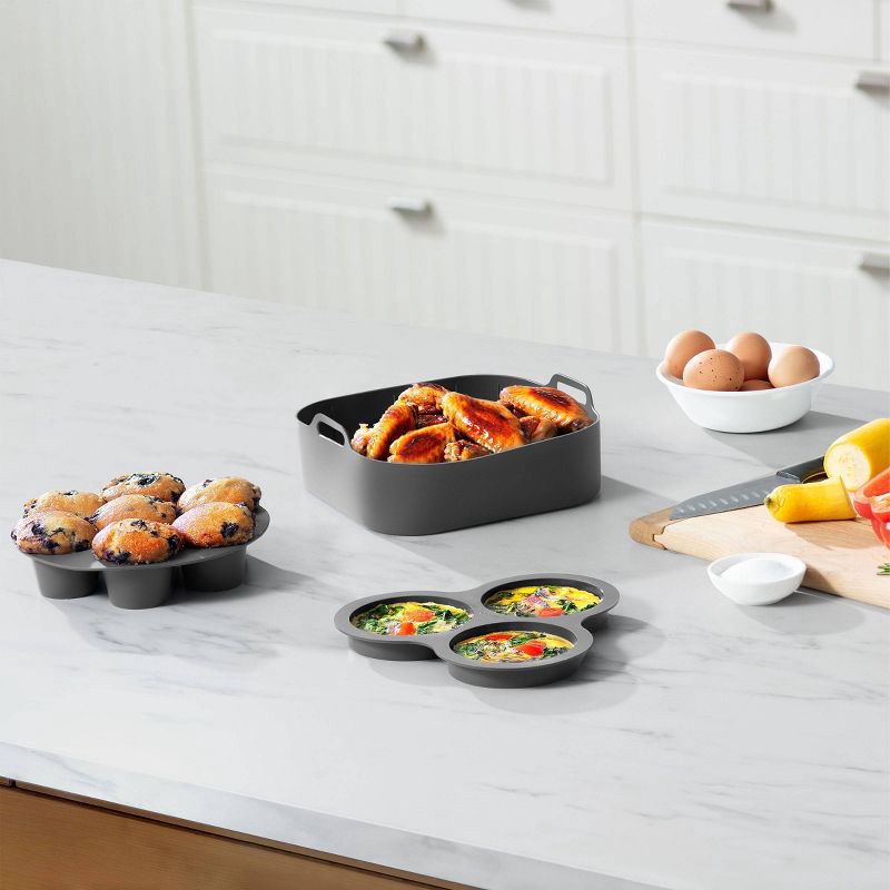 slide 3 of 12, Gourmia Reusable 3pc Silicone Air Fryer Accessory Set with Basket Liner, Egg Bites Mold & Muffin Pan: Dishwasher-Safe, Hand Wash, Black, 1.49 lbs, 3 ct, 1.49 lb