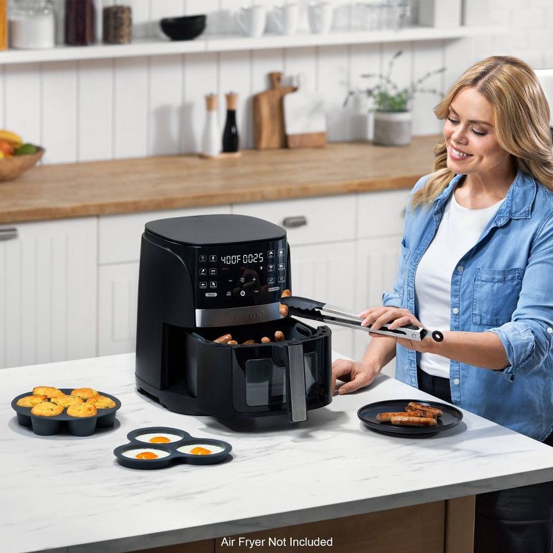 slide 12 of 12, Gourmia Reusable 3pc Silicone Air Fryer Accessory Set with Basket Liner, Egg Bites Mold & Muffin Pan: Dishwasher-Safe, Hand Wash, Black, 1.49 lbs, 3 ct, 1.49 lb