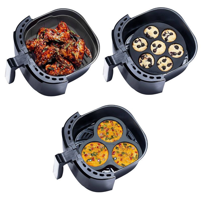 slide 8 of 12, Gourmia Reusable 3pc Silicone Air Fryer Accessory Set with Basket Liner, Egg Bites Mold & Muffin Pan: Dishwasher-Safe, Hand Wash, Black, 1.49 lbs, 3 ct, 1.49 lb