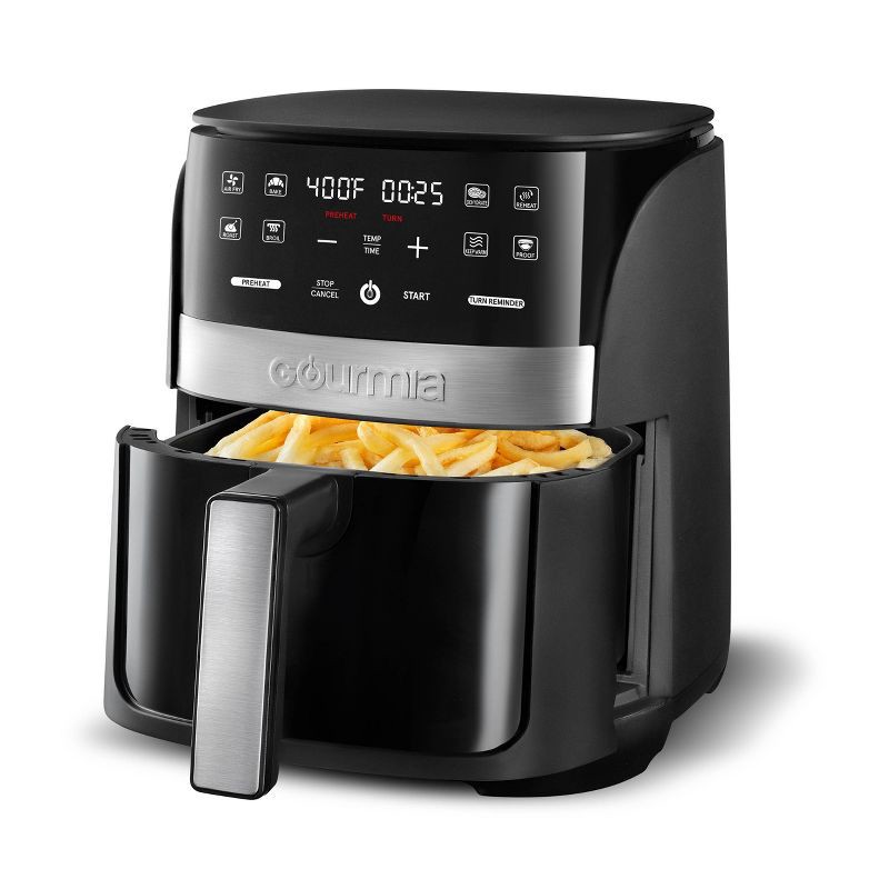 slide 3 of 8, Gourmia Digital 3qt Air Fryer with Guided Cooking Prompts Black/Stainless Steel Finish, 3 qt